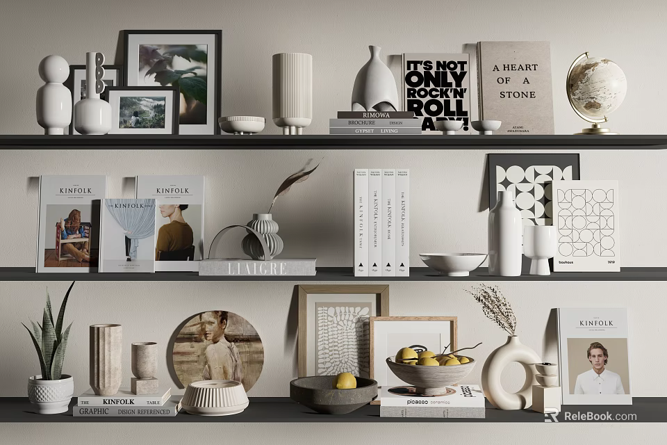 Modern Decorative Ornament Combination with Books Photo Frames Vases Globe and Fruit Bowl on Shelves 3d model 