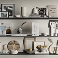 Modern Decorative Ornament Combination with Books Photo Frames Vases Globe and Fruit Bowl on Shelves