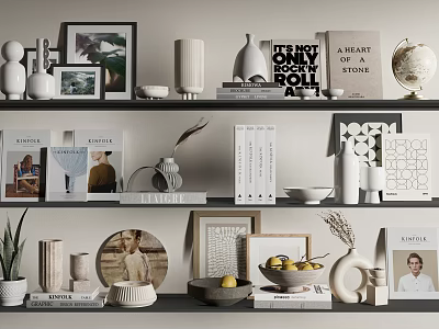 Modern Decorative Ornament Combination with Books Photo Frames Vases Globe and Fruit Bowl on Shelves 3d model