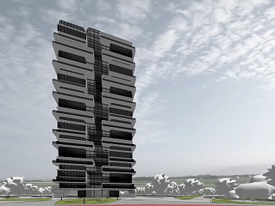 Modern High Rise Building With Layered Glass Facade And Green Surrounding Landscape 3d model