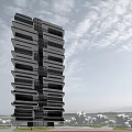 Modern High Rise Building With Layered Glass Facade And Green Surrounding Landscape