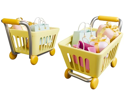 Yellow Shopping Carts With Shopping Bags And Gifts 3d model