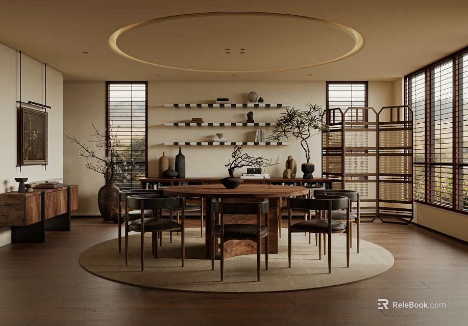 Modern Japanese Restaurant Interior With Round Wooden Table Chairs And Green Plants 3d model 