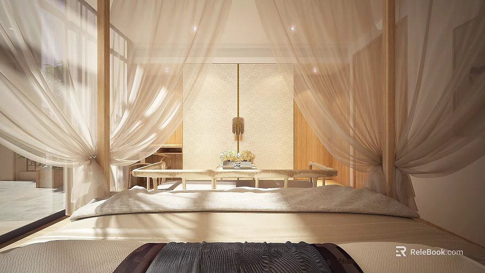 Serene Bedroom with Canopy Curtains Wooden Elements Natural Light and Soft Tones 3d model 