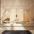 Serene Bedroom with Canopy Curtains Wooden Elements Natural Light and Soft Tones