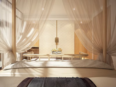 Serene Bedroom with Canopy Curtains Wooden Elements Natural Light and Soft Tones 3d model