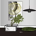 Bonsai Plant Modern Interior On Black Marble Base With Striped Wall And Black Pendant Light