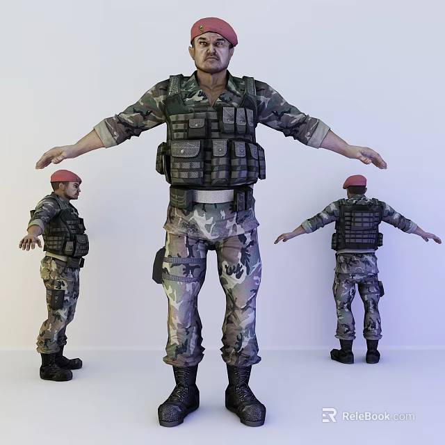 Game Movie Character Soldier in Camouflage Uniform with Red Beret and Tactical Vest 3d model 