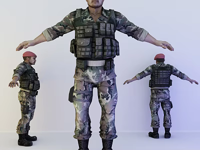 Game Movie Character Soldier in Camouflage Uniform with Red Beret and Tactical Vest 3d model