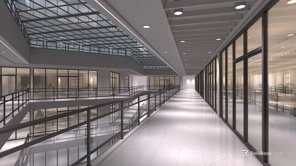 Bright Shopping Mall Lobby Featuring Glass Curtain Walls Double Level Railings And Recessed Ceiling Lights 3d model 