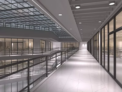 Bright Shopping Mall Lobby Featuring Glass Curtain Walls Double Level Railings And Recessed Ceiling Lights 3d model