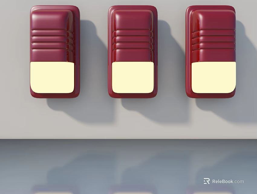 Three Red Hinged Door Handles With Yellow Panels On Gray Wall 3d model