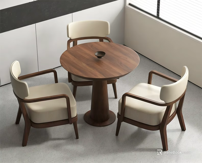 Modern Wooden Round Meeting Table With Three Padded Chairs In Bright Interior 3d model 