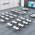 Modern Spacious Meeting Room With Multiple White Conference Tables Black Chairs And Large Screen