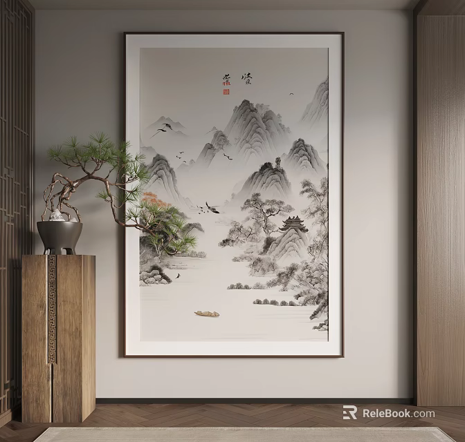 Traditional Chinese Landscape Painting with Mountains Rivers Small Boat Flying Birds and Ink Wash Style 3d model 