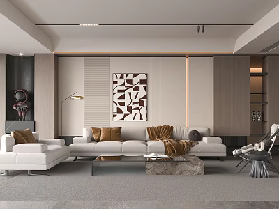 Modern Living Room Interior With White Sofa Brown Cushions Marble Coffee Table And Geometric Art 3d model