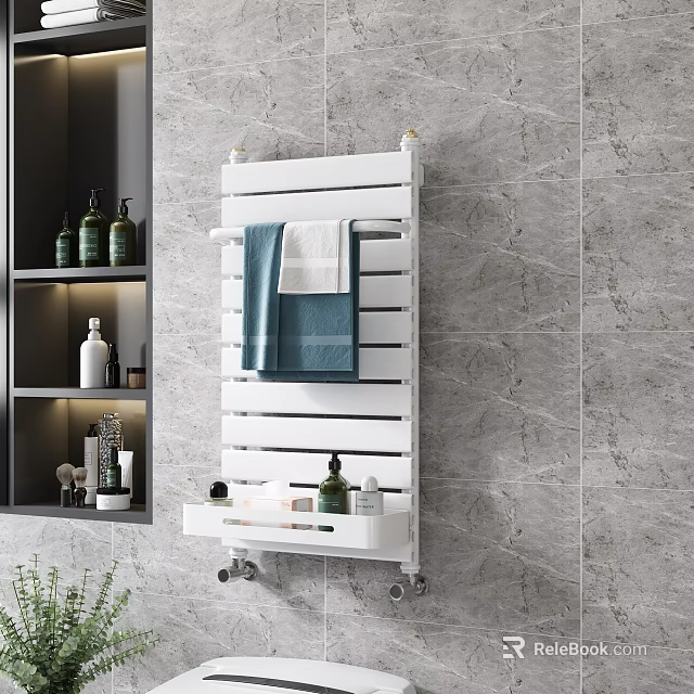 White Bathroom Cabinet Rack with Towels Toiletries and Storage Tray on Gray Marble Wall 3d model 