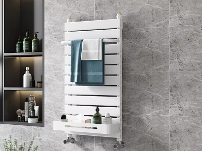 White Bathroom Cabinet Rack with Towels Toiletries and Storage Tray on Gray Marble Wall 3d model