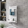 White Bathroom Cabinet Rack with Towels Toiletries and Storage Tray on Gray Marble Wall