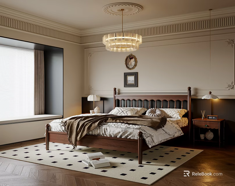 Classic Bedroom Interior With Wooden Bed Chandelier Checkered Rug And Wall Decor 3d model 