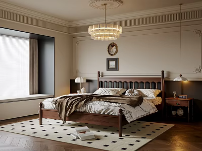 Classic Bedroom Interior With Wooden Bed Chandelier Checkered Rug And Wall Decor 3d model