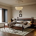 Classic Bedroom Interior With Wooden Bed Chandelier Checkered Rug And Wall Decor