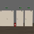 White Fire Doors With Emergency Exit Signs And Red Fire Extinguisher In Interior