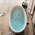 White Oval Bathtub with Light Blue Water on Wooden Floor and Slippers on Gray Mat