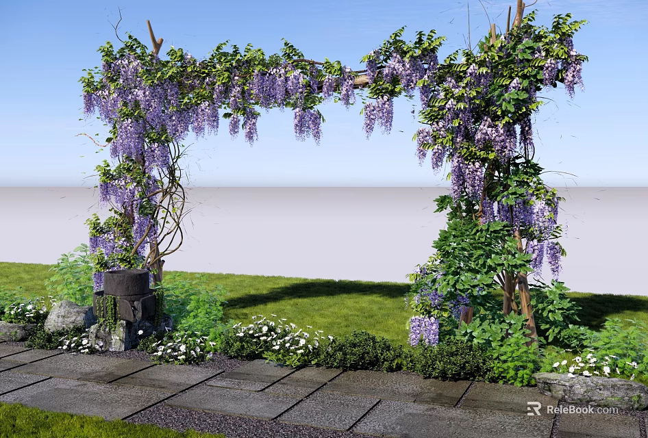 Beautiful Wisteria Archway With Hanging Purple Flowers Greenery And Stone Pathway Under Sunny Blue Sky 3d model 