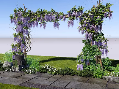 Beautiful Wisteria Archway With Hanging Purple Flowers Greenery And Stone Pathway Under Sunny Blue Sky 3d model