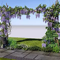Beautiful Wisteria Archway With Hanging Purple Flowers Greenery And Stone Pathway Under Sunny Blue Sky