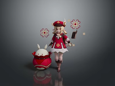 Playful Child In Red Outfit With Hat And Rabbit Shaped Toy And Flowers 3d model