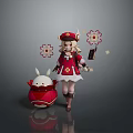 Playful Child In Red Outfit With Hat And Rabbit Shaped Toy And Flowers