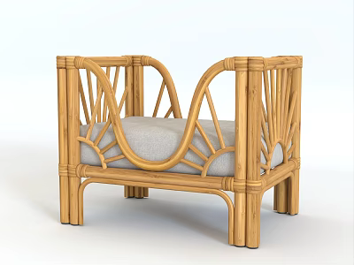 Natural Bamboo Chair With Curved Armrests And Rattan Design Light Gray Cushion 3d model