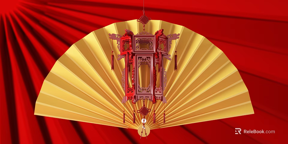 Traditional Ornate Chinese Lantern With Yellow Fan On Red Background 3d model 