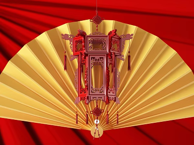 Traditional Ornate Chinese Lantern With Yellow Fan On Red Background 3d model