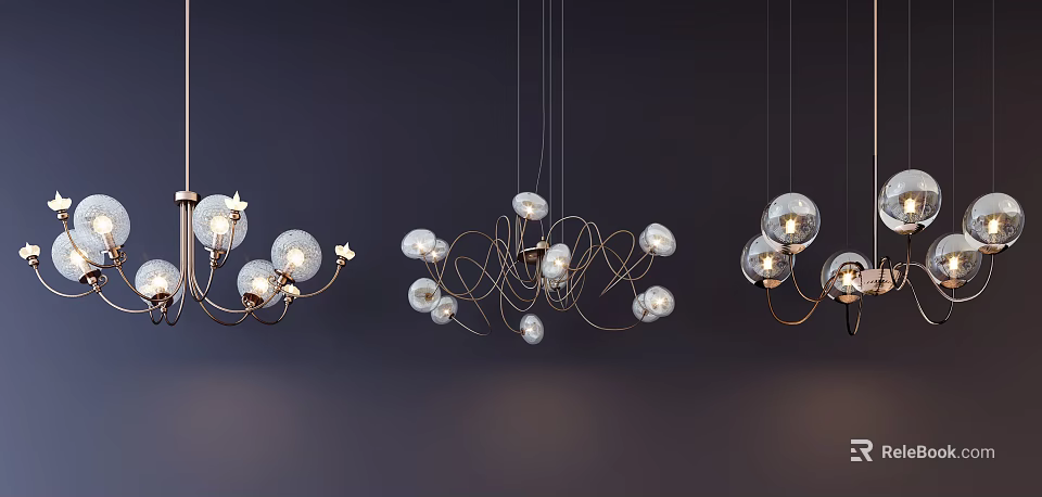 Modern Unique Pendant Lights with Curved Metal Frames and Glass Globes 3d model