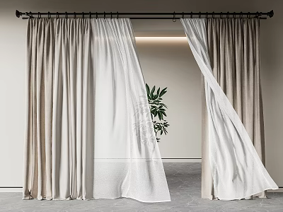 Beige And White Linen Curtains With Sheer Panels In Modern Interior Room 3d model