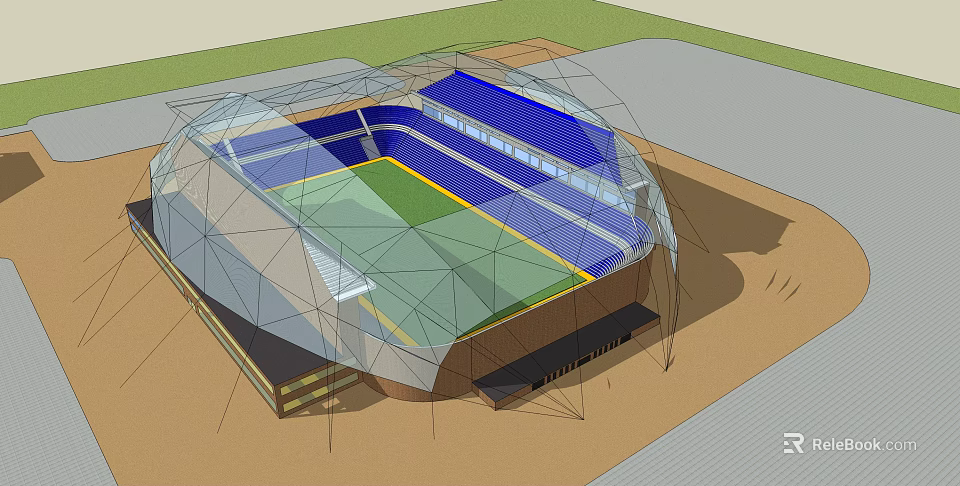 Modern Sports Stadium With Domed Roof Blue Seating And Green Turf Field 3d model 