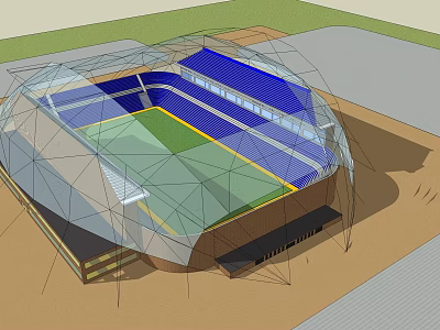 Modern Sports Stadium With Domed Roof Blue Seating And Green Turf Field 3d model