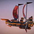 Cartoon Flying Airship With Red Blue Sails Dragon Patterns Yellow Hull And Flaming Details
