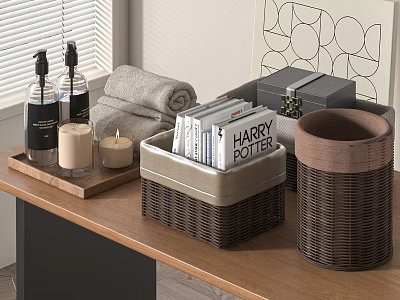 Home Organizing With Wicker Baskets Wooden Table Hand Soap Candles Towel And Harry Potter Books 3d model