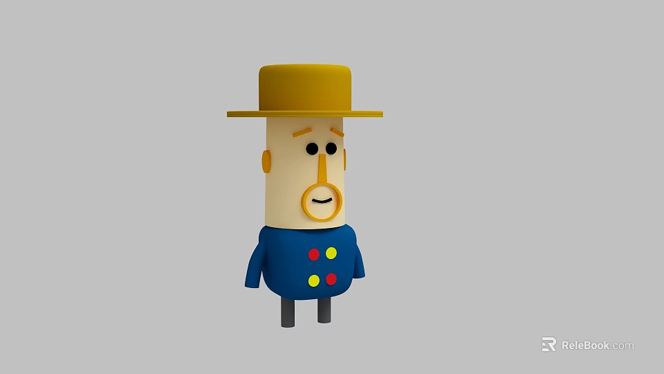 Cartoon Man Wearing Yellow Hat And Blue Shirt With Colorful Buttons And Mustache 3d model 