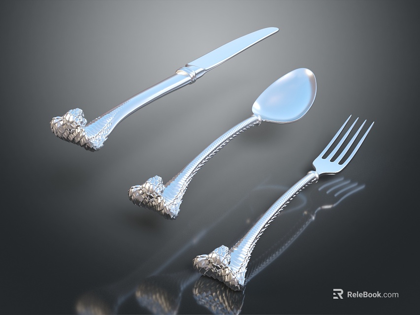 Elegant Silver Cutlery Set With Intricate Handle Design For Dining Table 3d model 