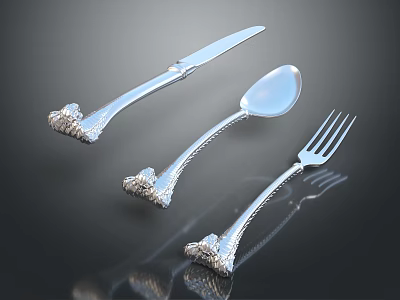 Elegant Silver Cutlery Set With Intricate Handle Design For Dining Table 3d model