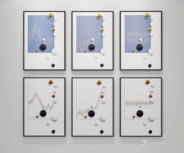 Modern Decorative Paintings With Various Line Patterns Circular Accents And Black Frames On White Wall 3d model