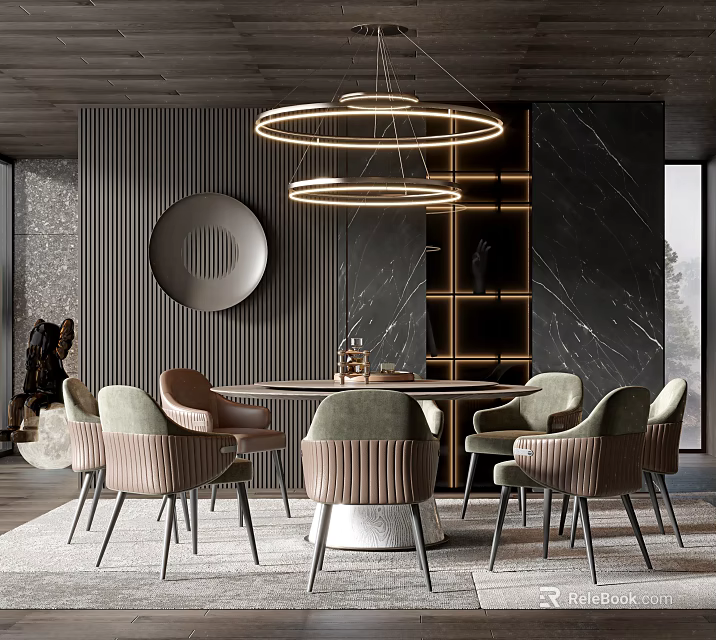 Modern Restaurant Featuring Round Dining Table Circular Pendant Lights Dark Marble Wall Circular Decorative Plate 3d model