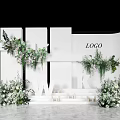 Runway Show Stage With White Structural Backdrop Green Floral Decorations And Steps 3d model