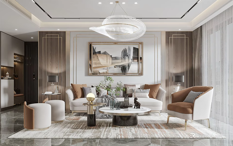 Modern Luxury Living Room Interior With Sofa Coffee Table And Crystal Chandelier 3d model 