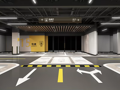 Modern Parking Garage Interior With Directional Arrows Floor Markings Ceiling Lighting And Elevator Signage 3d model